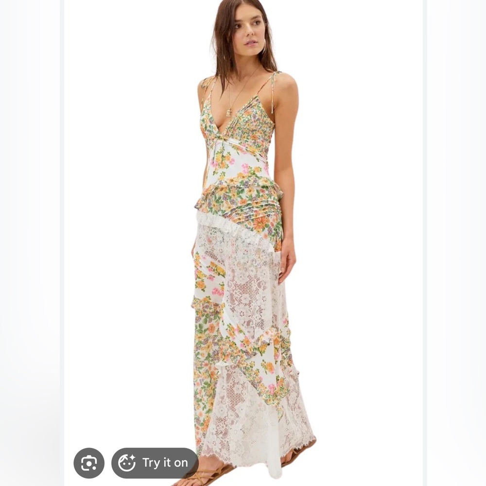 For Love And Lemons Floral Maxi Dress - White and Green